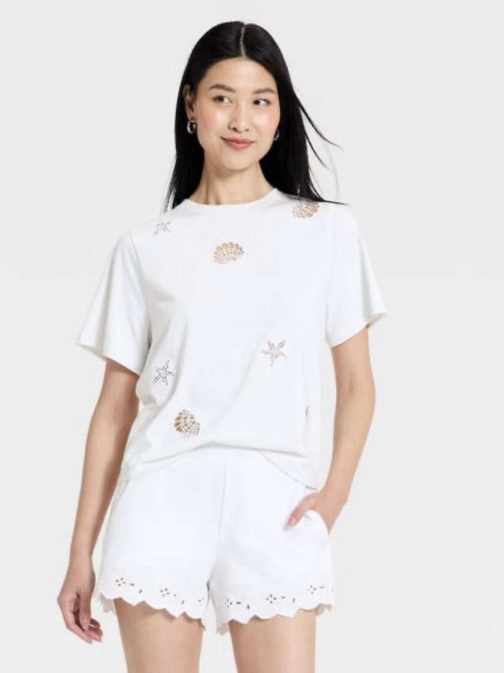 A New Day Women's Short Sleeve Round Neck Crochet T-Shirt White Shell detail L